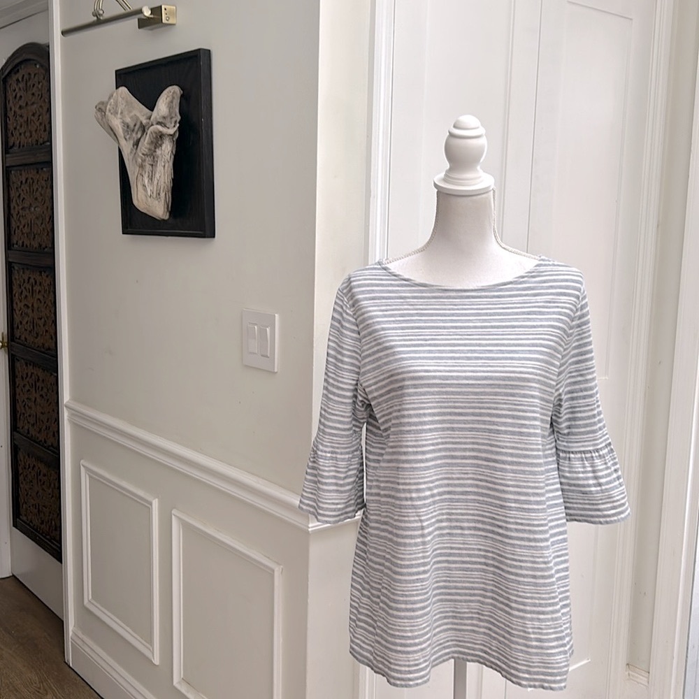 J Jill Womens Ruffle Sleeve Cotton Embroidered Striped Blouse Muted Blue M - Picture 2 of 11